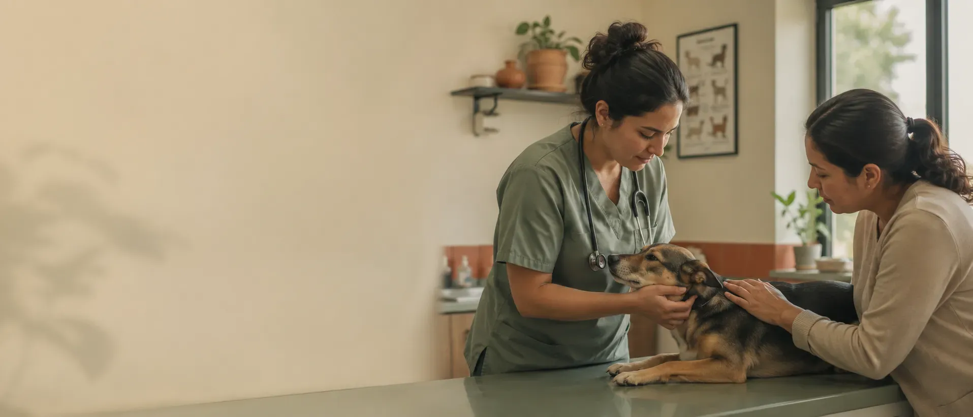 Veterinaria examina con cariño a un perro tranquilo mientras su dueña lo acompaña
