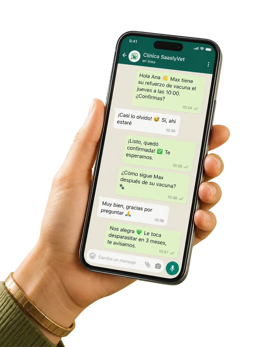 Mano sosteniendo un teléfono con la conversación automática de WhatsApp de la clínica SaaslyVet